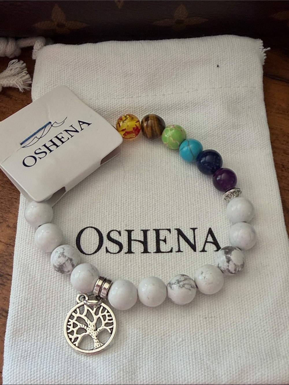 Oshena‎ White Howlite & Multicolor Chakra Bead Bracelet with Tree of Life Charm